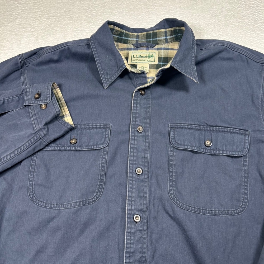 LL Bean Hurricane Shirt Shacket Flannel Lined Canvas Jacket Mens XL Blue Plaid